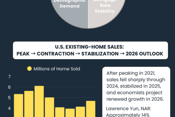 2026 housing forecast infographic showing NAR economist predictions for home sales, inventory levels, mortgage rates, and price growth with Charlotte market data