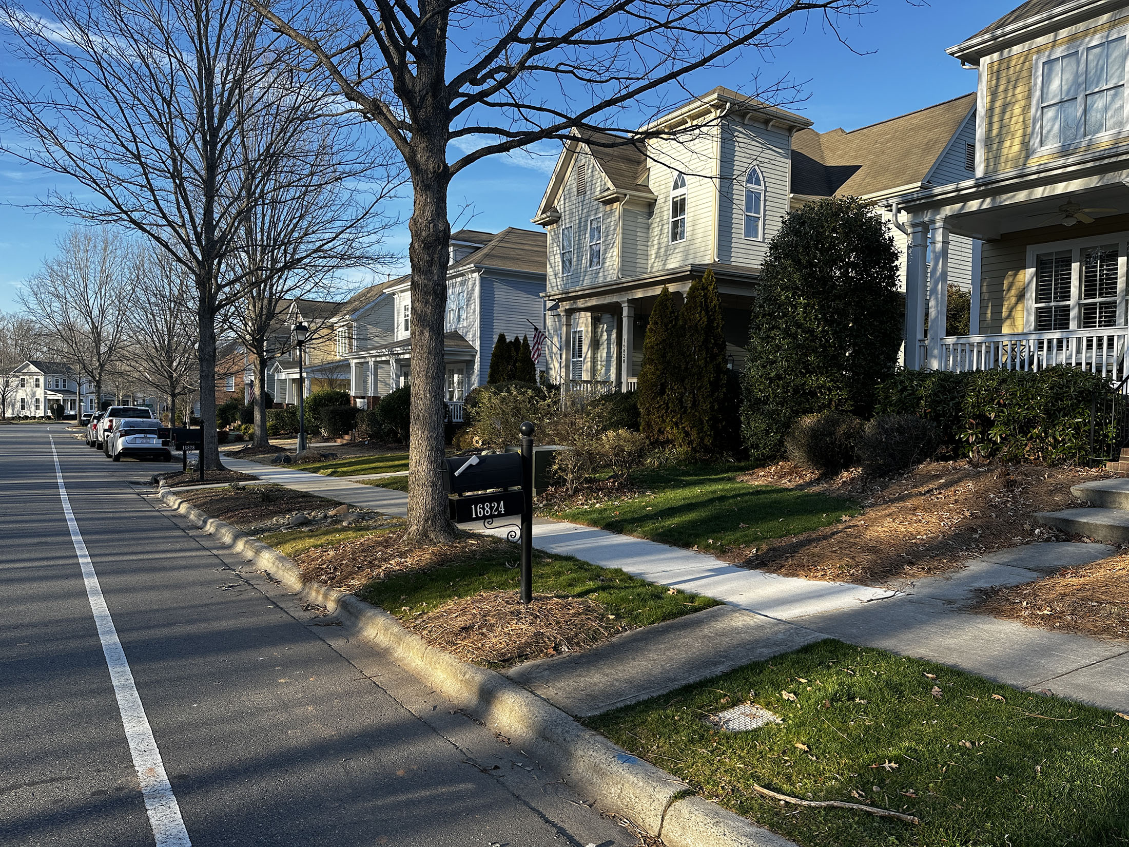 Tree-lined residential street in Summers Walk neighborhood Davidson North Carolina with neo-traditional homes