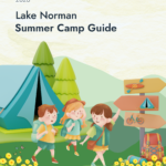 Illustrated cover for the 2026 Lake Norman Summer Camp Guide showing children with backpacks walking past a tent, trees, flowers, and activity signposts.