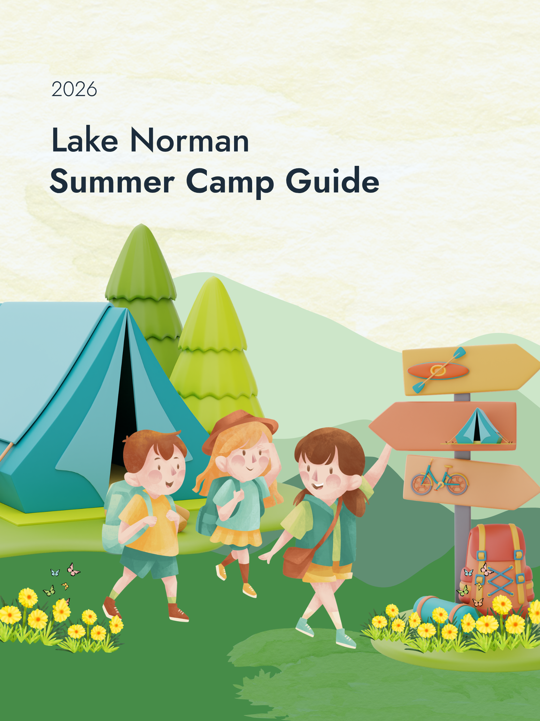 Illustrated cover for the 2026 Lake Norman Summer Camp Guide showing children with backpacks walking past a tent, trees, flowers, and activity signposts.