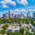 Aerial view of Charlotte uptown skyline with residential neighborhoods and modern townhomes representing the April 2026 Charlotte housing market