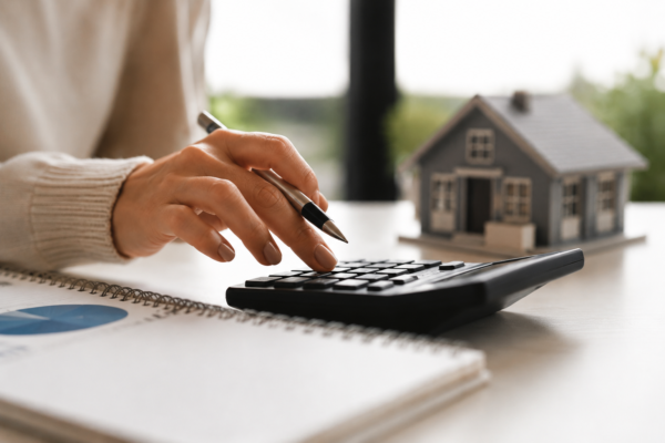Hands using calculator with small house model representing Charlotte real estate financial decisions in spring 2026
