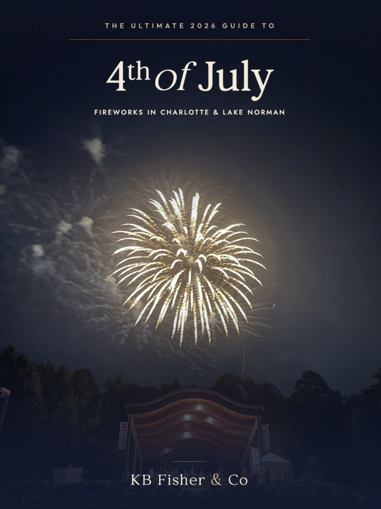 Lake Norman 4th of July fireworks over Bailey Road Park bandshell, KB Fisher 2026 guide cover.
